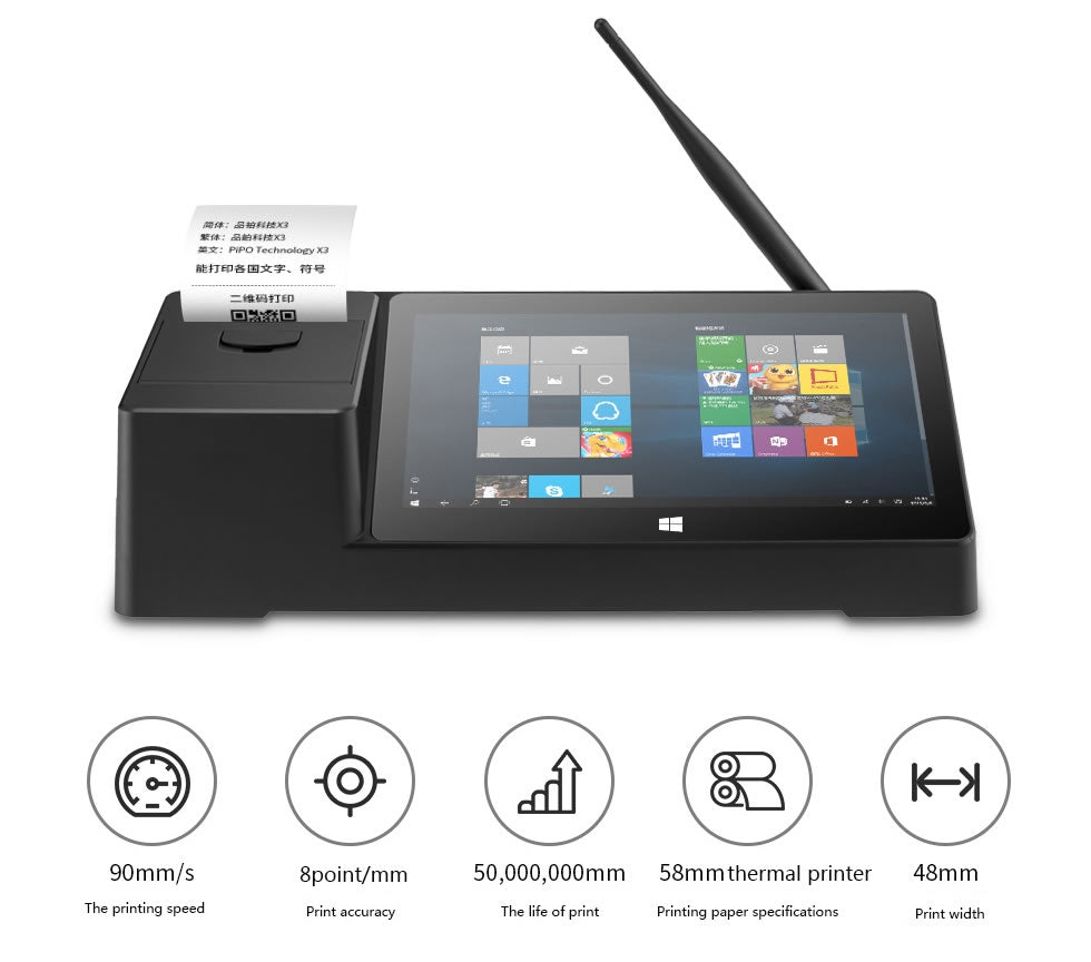 PIPO X3 Multifunction POS Print Mini PC Intel Cherry Trail Z8350 Dual OS 8.9 inch PLS Screen 2GB 64GB ROM